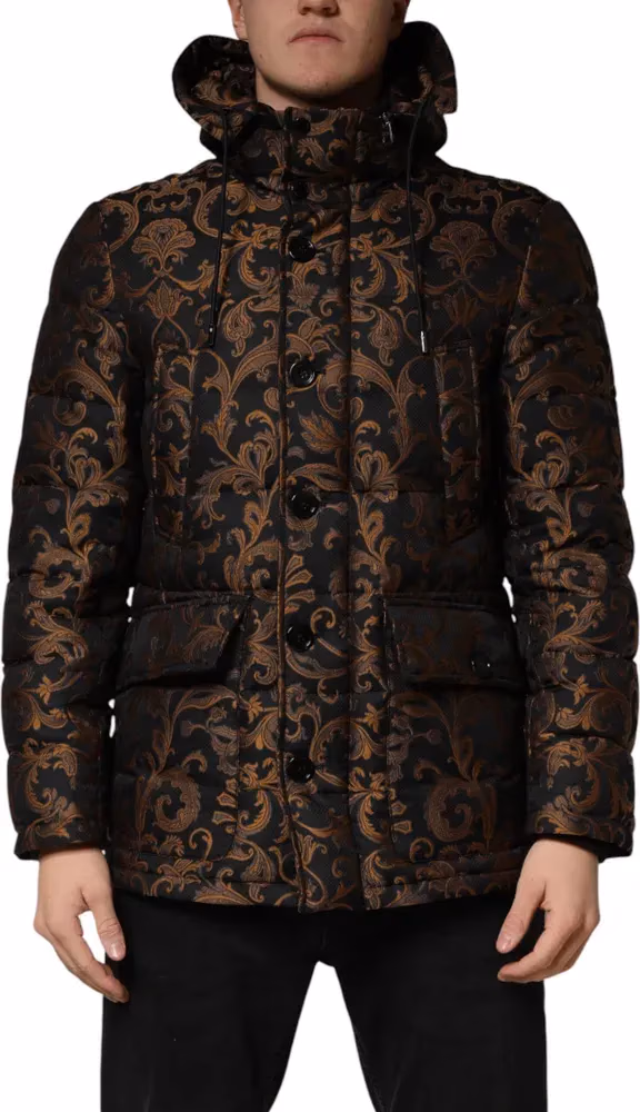 Black Floral Jacquard Quilted Hooded Jacket