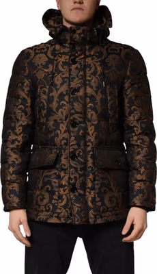 Black Floral Jacquard Quilted Hooded Jacket