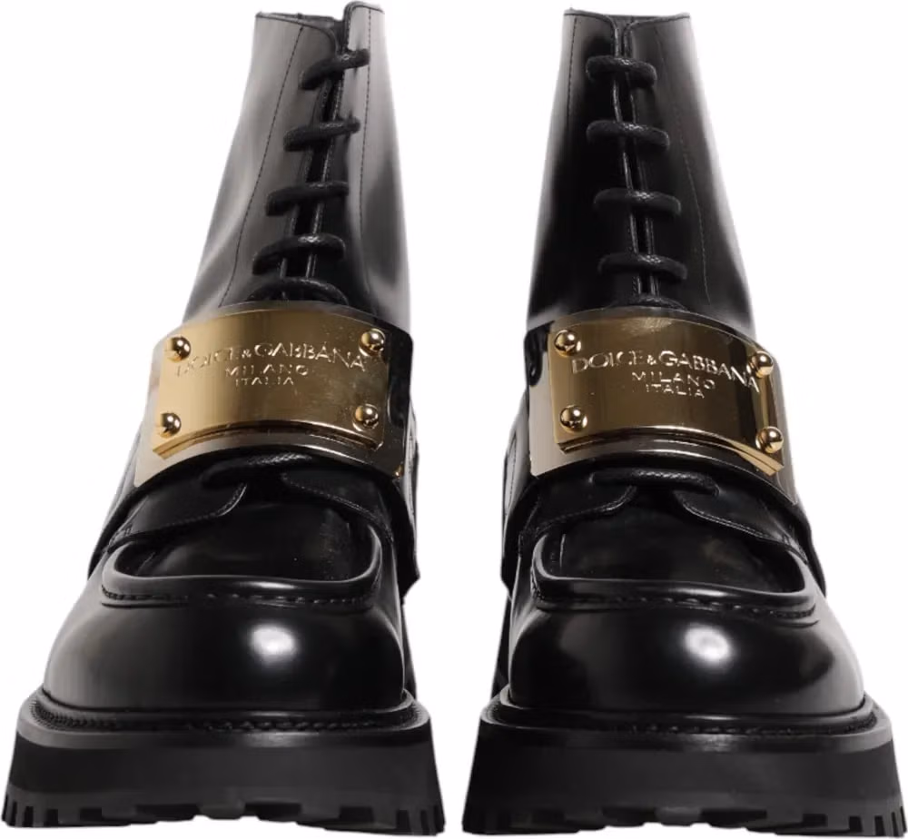 Black Leather DG Plaque Lace Up Boots Shoes