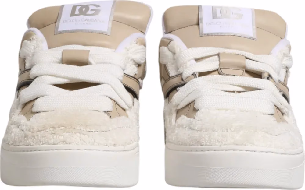 White Beige Faux Shearling Low Top Sneakers Shoes