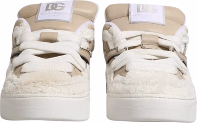 White Beige Faux Shearling Low Top Sneakers Shoes