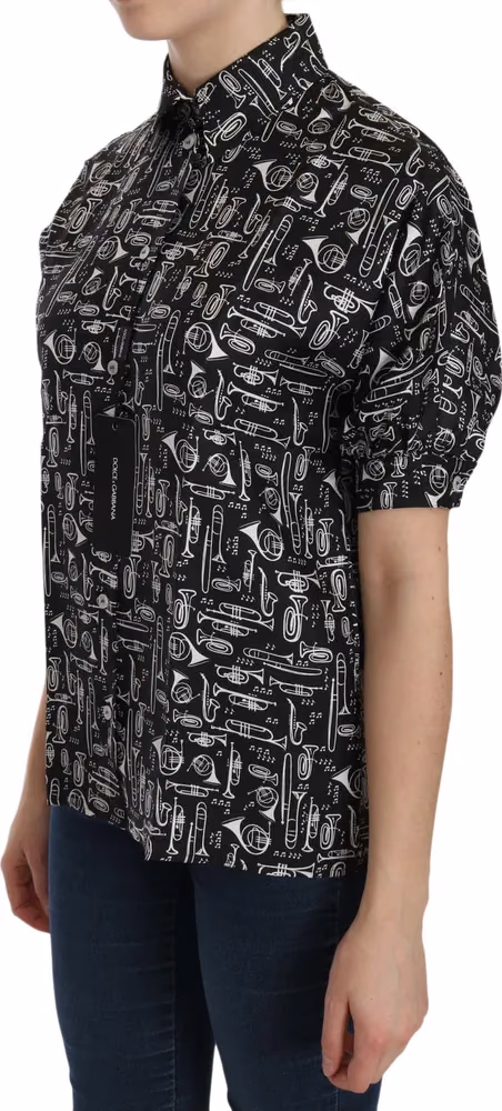 Black Musical Instrument Collared Blouse Shirt