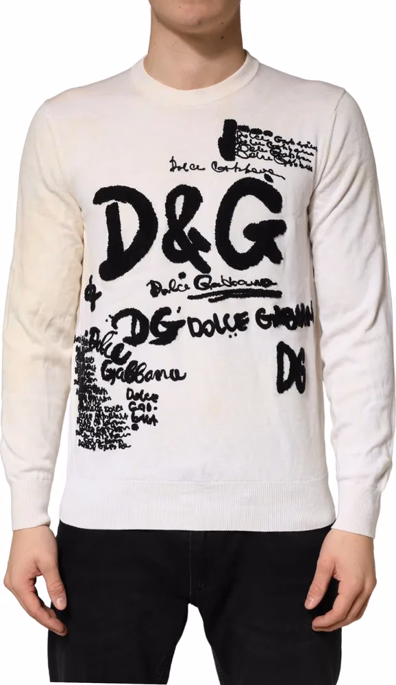 White Virgin Wool Graphic Logo Crewneck Sweater