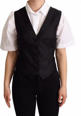Solid Black Silk Sleeveless Waistcoat Vest Top