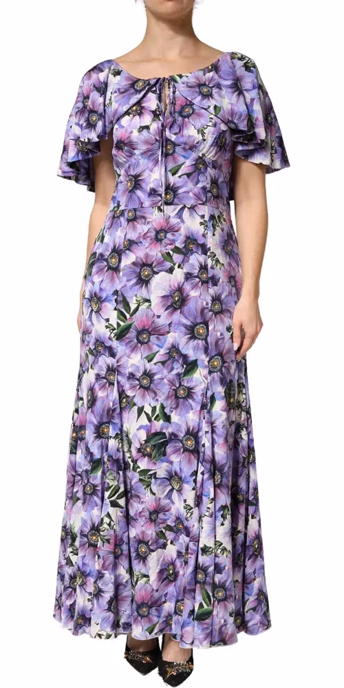 Purple Floral Silk Stretch Elegant Gown  Dress