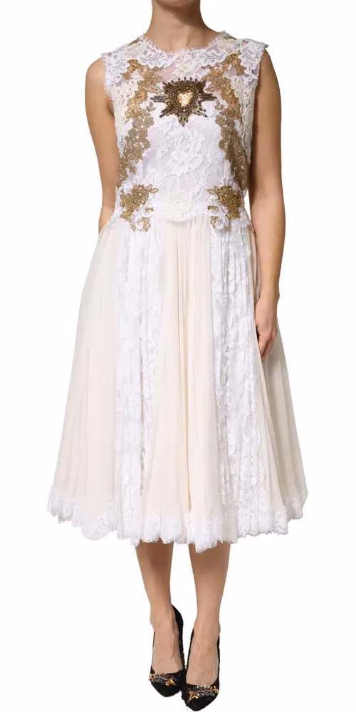 Ivory Lace Silk Embellished Sleeveless  Dress