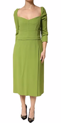 Green Silk Sweetheart Neckline Midi  Dress
