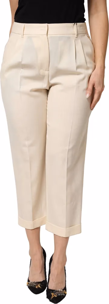 Ivory Wool Mid Waist Cropped Trouser Pants