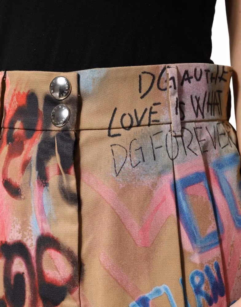 Beige Graffiti Print Cotton Blend Mini Skirt