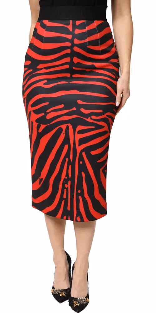 Red Black Zebra Print Polyester Pencil Midi Skirt