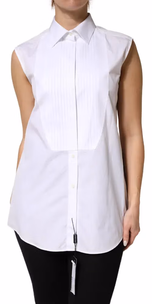 White Cotton Pleated Sleeveless Button Down Top