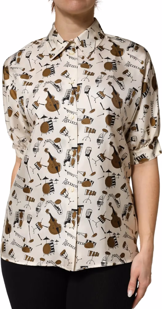 Beige Musical Instrument Print Short Sleeve Top