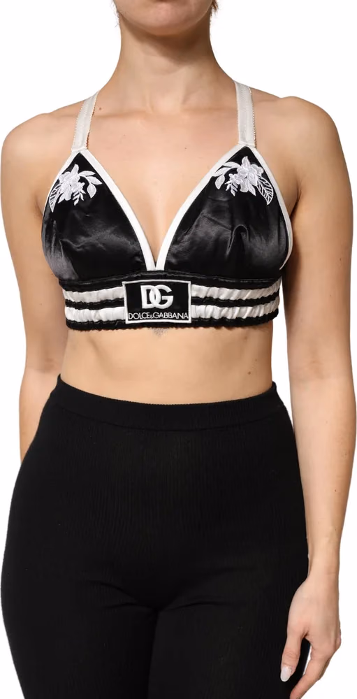 Black Floral Silk Satin Crop Logo Bralette Top