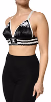 Black Floral Silk Satin Crop Logo Bralette Top 2