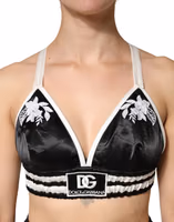 Black Floral Silk Satin Crop Logo Bralette Top 4