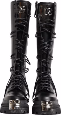 Black Leather Knee High Combat Boots Shoes