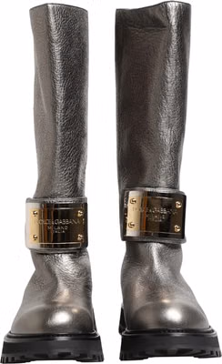 Metallic Silver Leather Mid Calf Boots Shoes