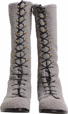 Gray Shearling Lace Up Knee High Boots Shoes