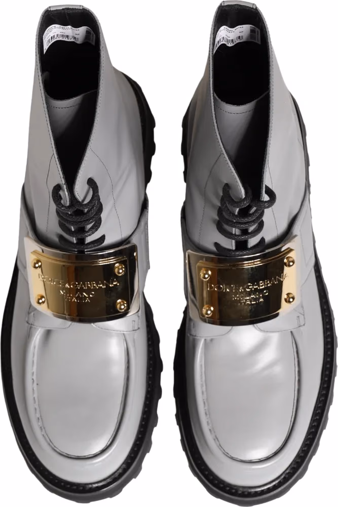 Gray Leather Logo Plaque Ankle Boots Shoes