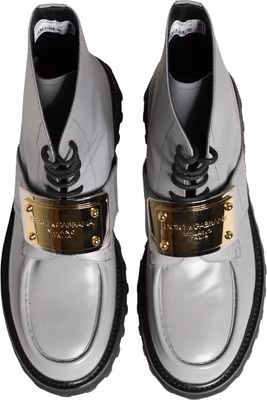 Gray Leather Logo Plaque Ankle Boots Shoes