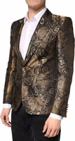 Gold Jacquard Single Breasted Tuxedo Blazer 2
