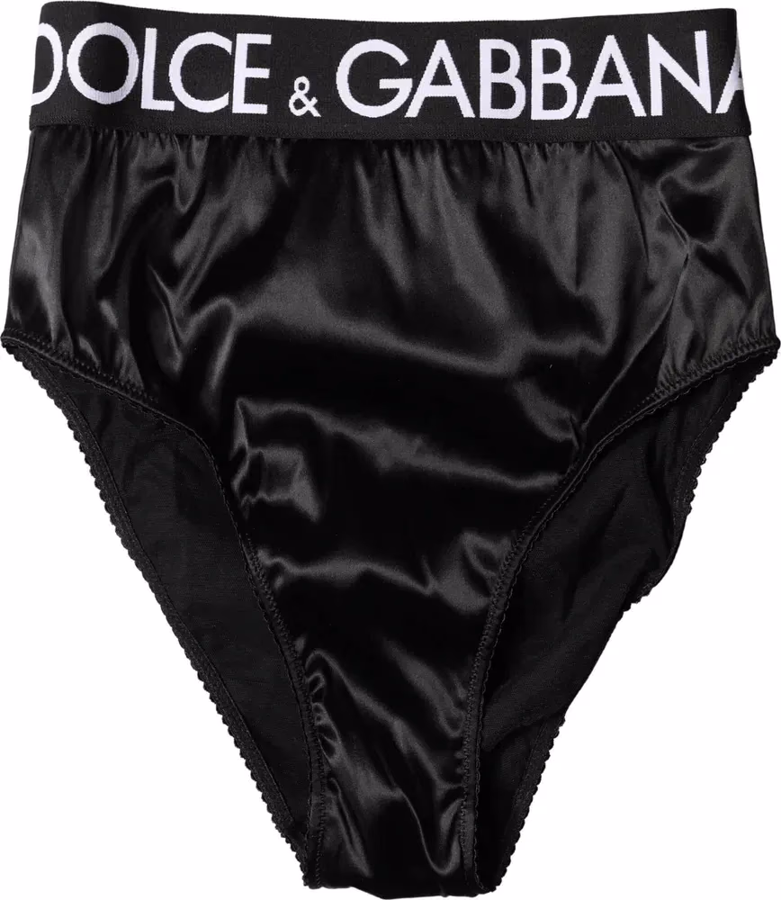Black Satin High-Waist Brief Logo Women Underwear