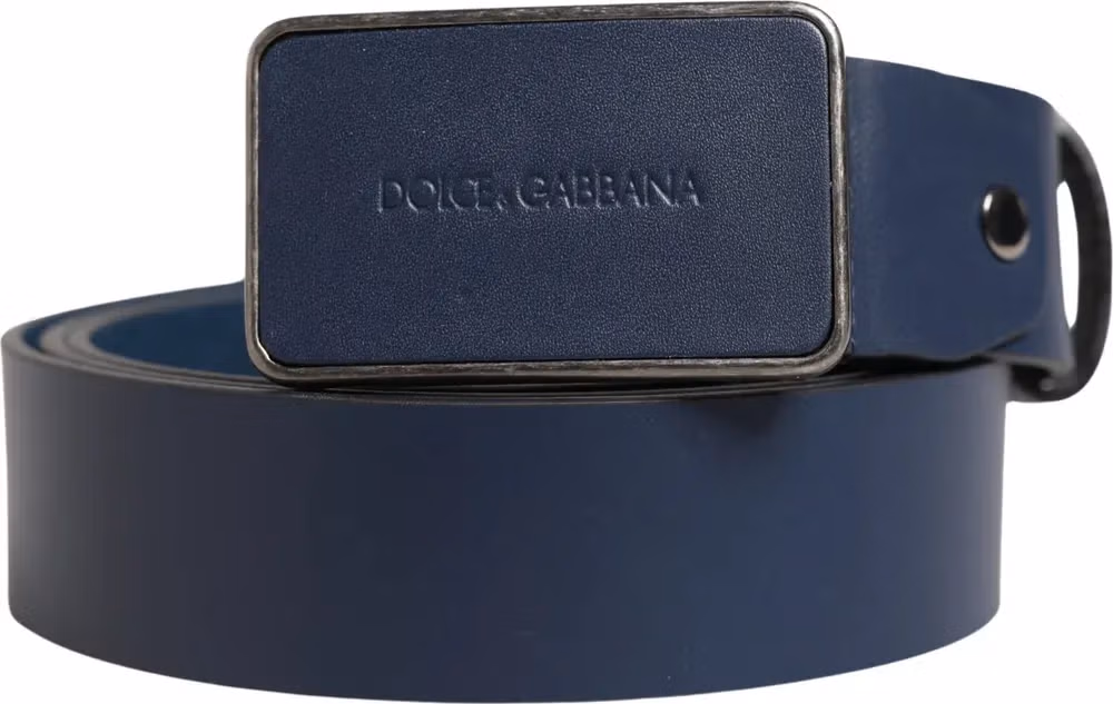 Blue Leather Logo Metal Buckle Men Belt