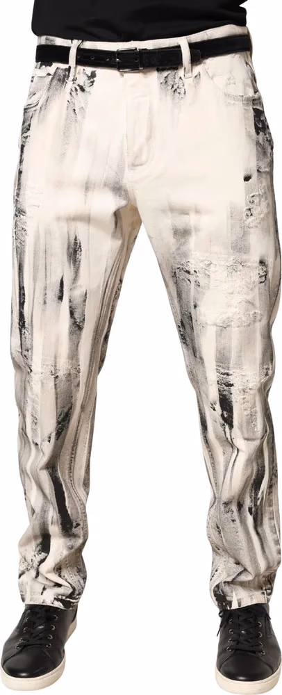 White Distressed Paint Print LooseDenim Jeans