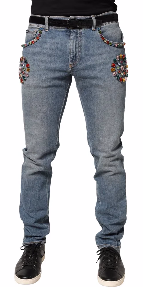 Blue Embellished Loose Cotton Men Denim Jeans