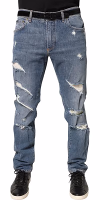 Blue Tattered Slim Fit Cotton Denim Jeans