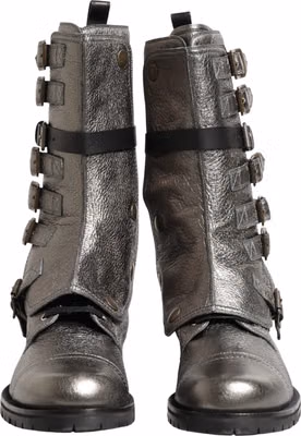 Metallic Silver Combat Biker Mid Calf Boots Shoes