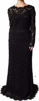 Black Lace Long Sleeves Cotton Maxi Dress