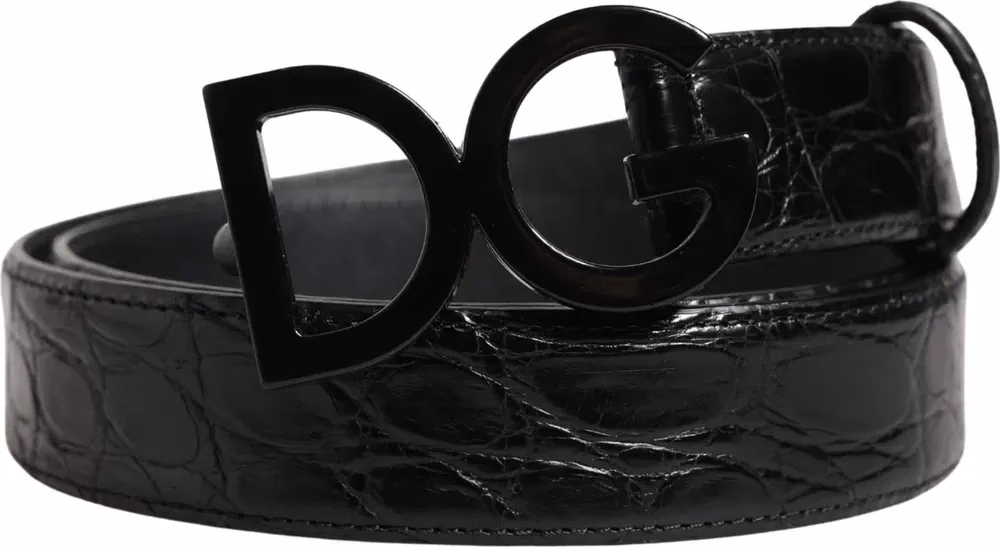 Men Black Exotic Leather Logo Buckle Belt