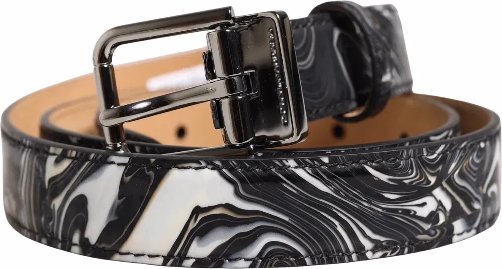 Men Black Marble Leather Metal Buckle Belt