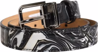 Men Black Marble Leather Metal Buckle Belt 1