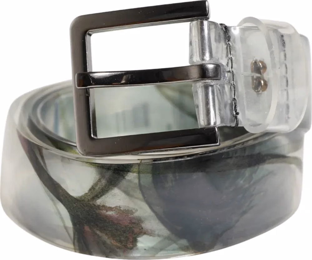 Men White Floral PVC Silver Metal Buckle Belt