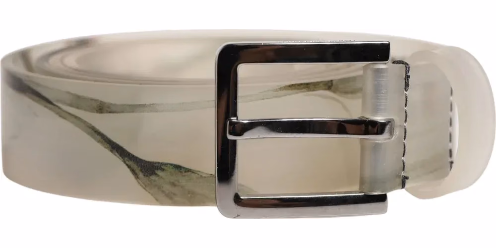 Men White Floral PVC Silver Metal Buckle Belt