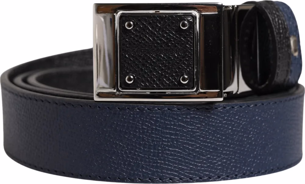 Men Blue Calfskin Leather Square Buckle Belt