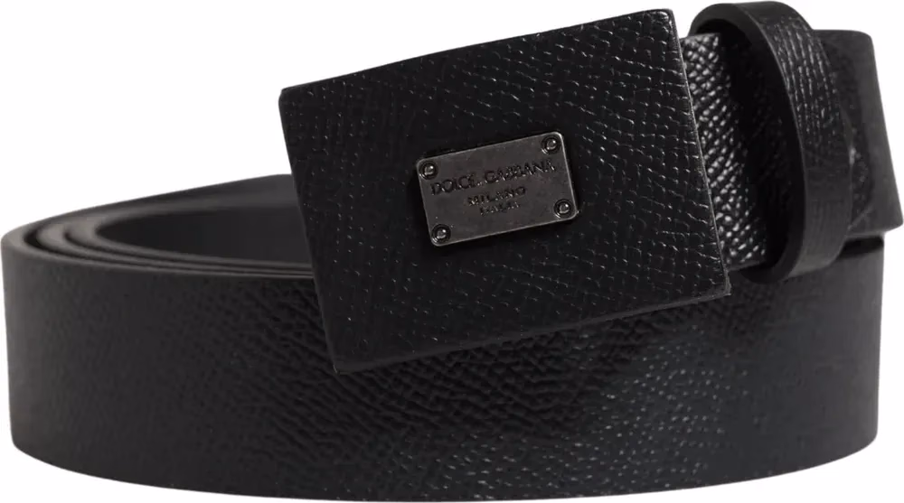 Men Black Calfskin Leather Square Buckle Belt