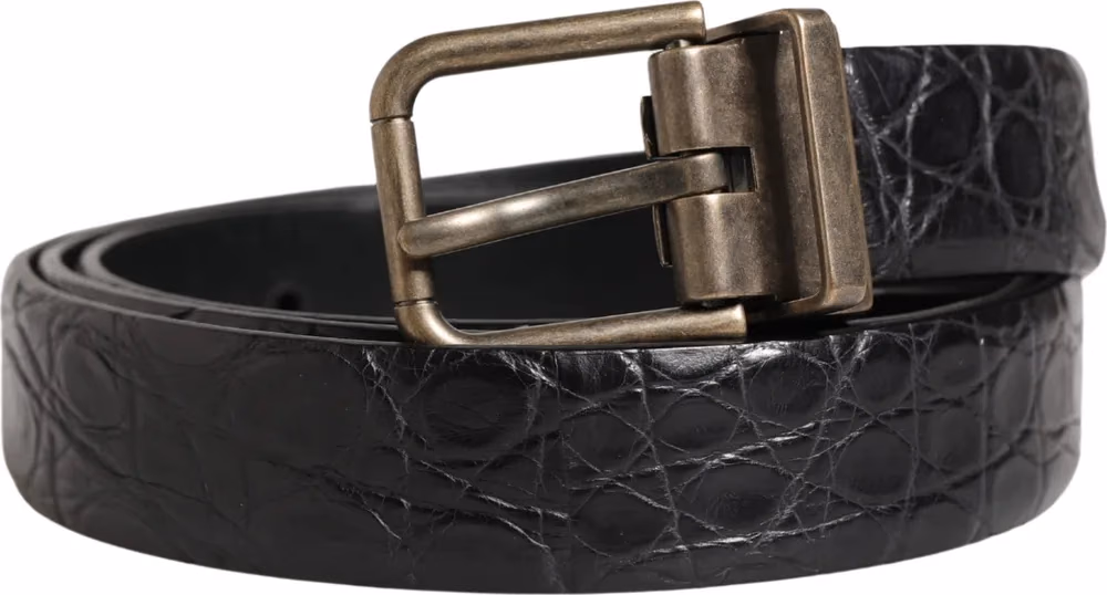 Men Black Exotic Leather Metal Buckle Belt