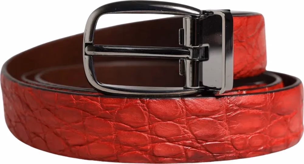 Men Red Exotic Leather Metal Buckle Belt