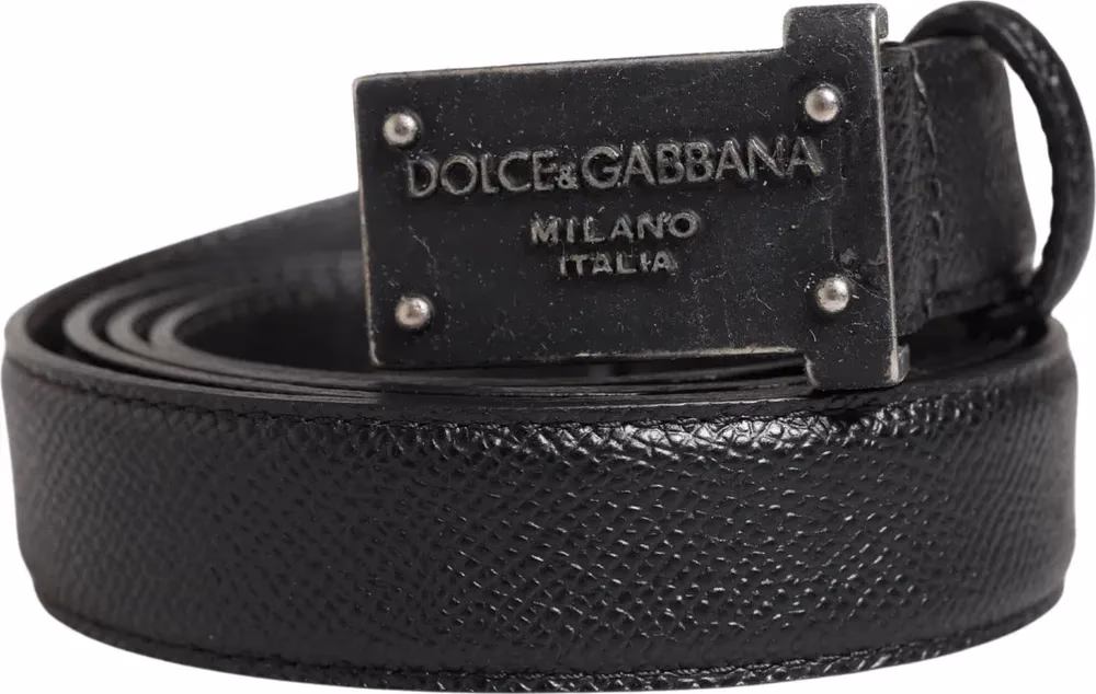 Men Black Calf Leather Logo Metal Buckle Belt
