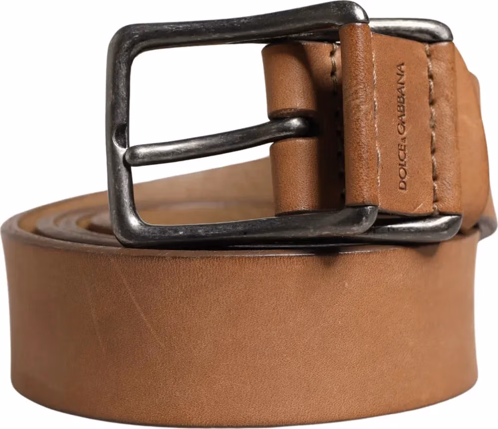 Men Brown Leather Classic Metal Buckle Belt