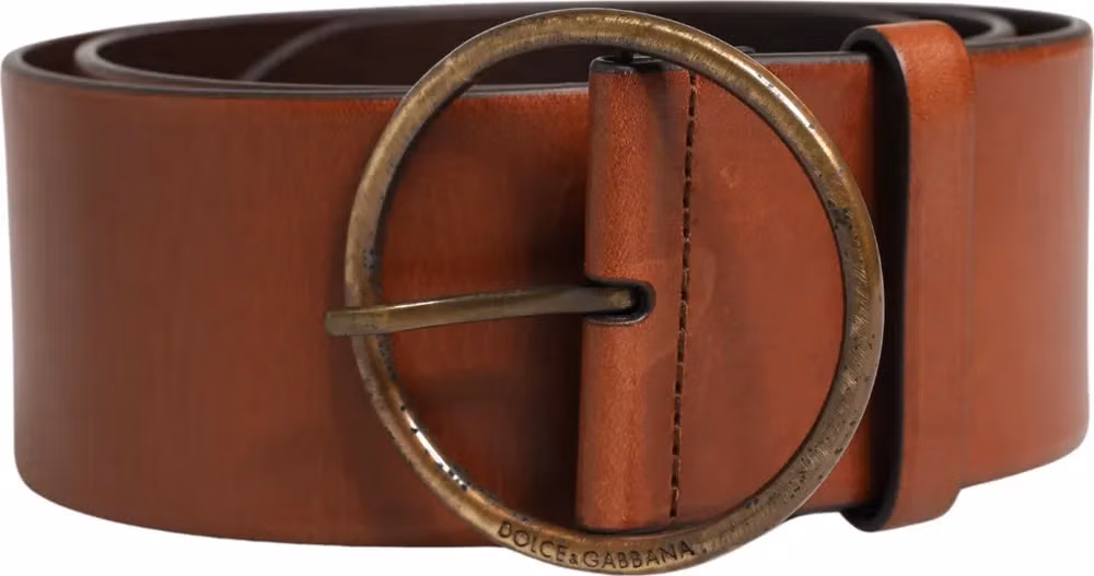 Men Brown Leather Wide Waist Metal Round Buckle Belt