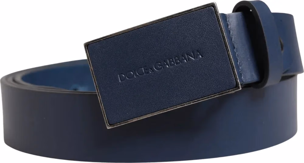 Men Blue Calf Leather Logo Metal Buckle Belt