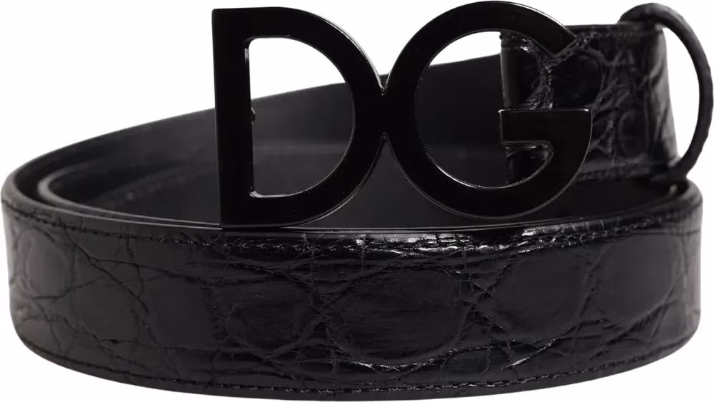 Men Black Exotic Leather Logo Buckle Belt