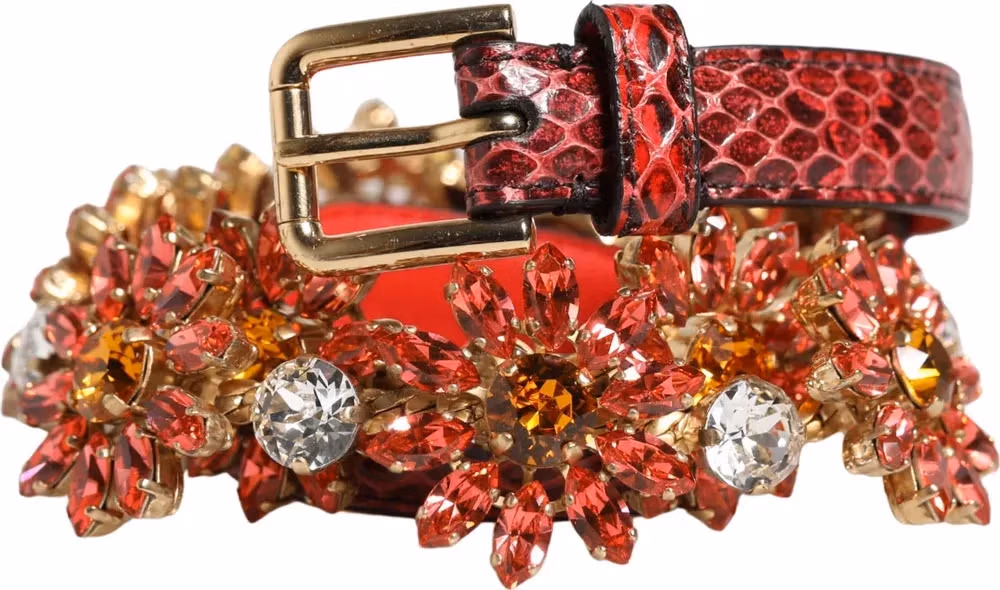 Red Leather Daisy Crystal Embellished Waist Belt