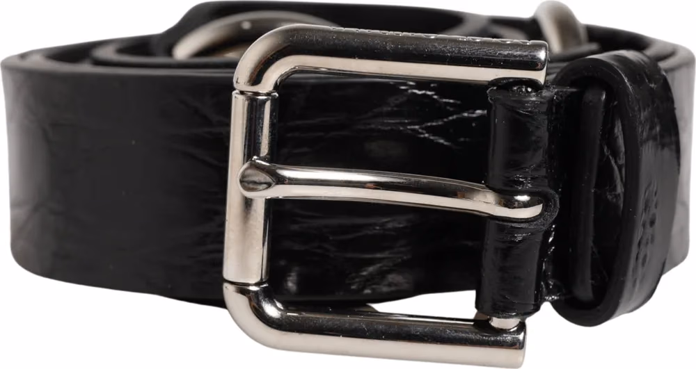 Black Exotic Leather Silver Metal Buckle Belt