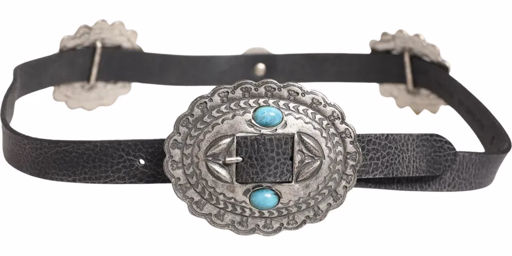 Black Turquoise Leather Embellished Oval Buckle Belt