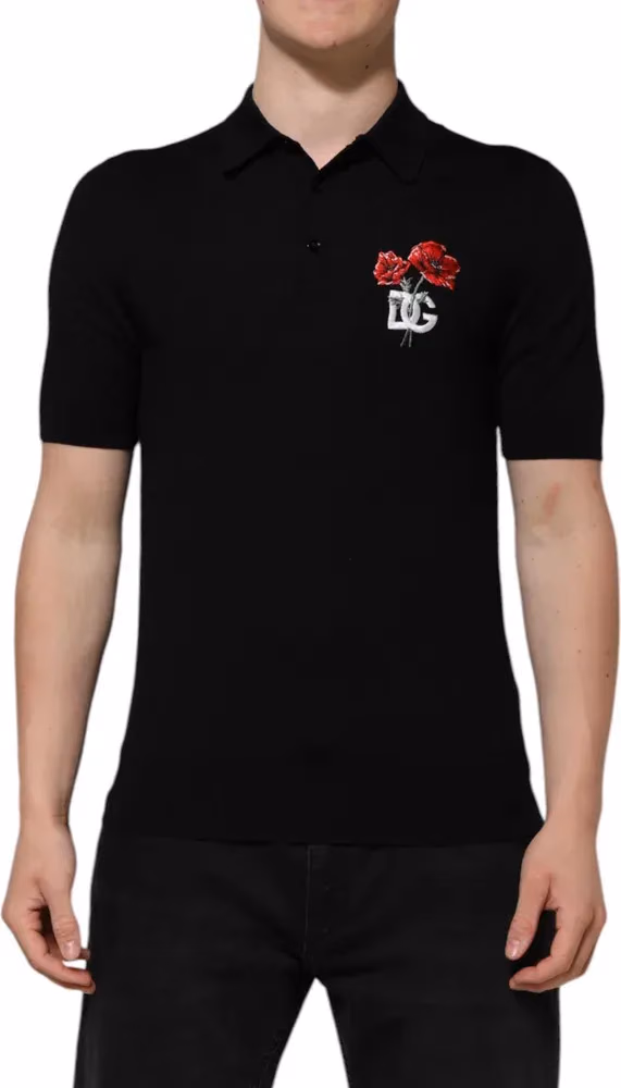 Black Wool Logo Floral Short Sleeve T-shirt